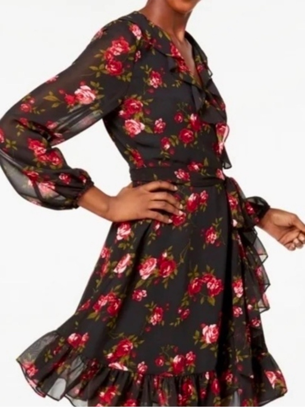 🌺Nine West Black Red Rose Floral Ruffle Wrap Dress Size 12 GUC🌺